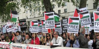 Demonstrators outside parliament commemorate the 60th anniversary of the ‘Nakba’ (catastrophe) and demand freedom for Palestine and the lifting of the siege of Gaza
