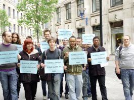 Russell Group’s ‘nightmare scenario’ will leave students with mortgage-style debt –warns NUS Aldwych Group student leaders at a lobby of the Russell Group headquarters in London on May 10
