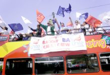 Enthusiastic striking BA cabin crew aboard their battle bus at Heathrow yesterday