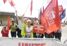 Confident striking BA cabin crew on the picket line at Heathrow yesterday