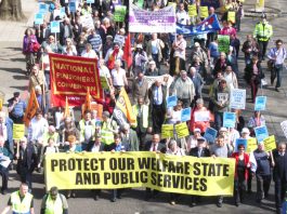 Trade unionists and pensioners marching to defend the Welfare State in April, on the eve of the general election