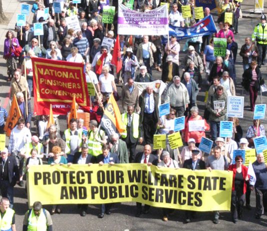 Trade unionists and pensioners marching to defend the Welfare State in April, on the eve of the general election