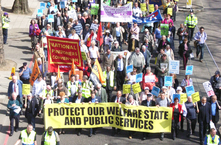 Trade unionists and pensioners marching to defend the Welfare State in April, on the eve of the general election