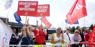 Confident striking BA cabin crew on the picket line last Thursday at Heathrow during the first of their five-day strike actions