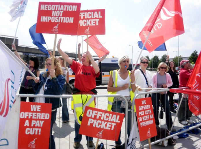 Confident striking BA cabin crew on the picket line last Thursday at Heathrow during the first of their five-day strike actions