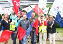 One of the three lively BA cabin crew picket lines at Heathrow Airport yesterday