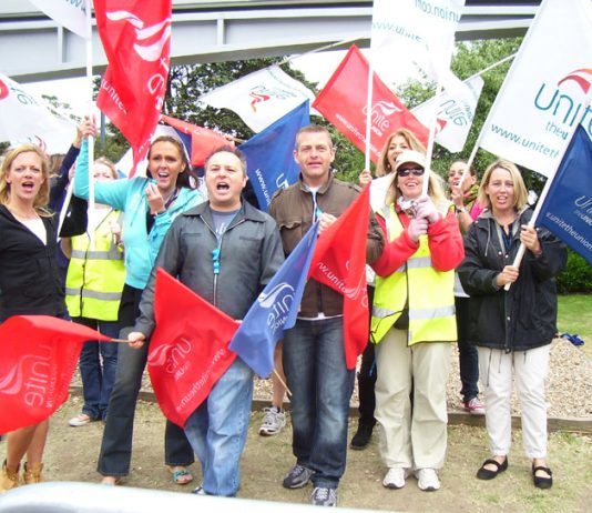 One of the three lively BA cabin crew picket lines at Heathrow Airport yesterday