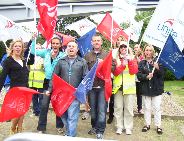 One of the three lively BA cabin crew picket lines at Heathrow Airport yesterday
