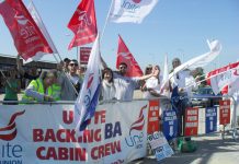 BA cabin crew pickets at Heathrow yesterday determined to win their struggle