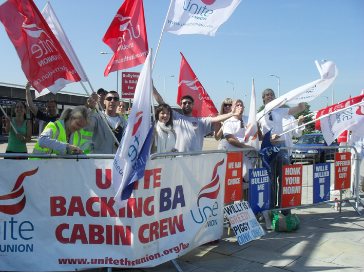 BA cabin crew pickets at Heathrow yesterday determined to win their struggle