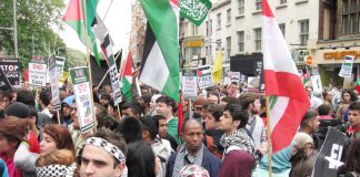 Demonstration outside the Israeli embassy in London last Monday against the Israeli army assault on the aid ships breaking the Gaza siege