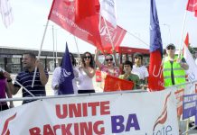 BA cabin crew on the picket line at Heathrow on Saturday morning
