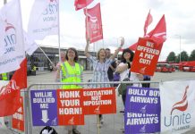 BA cabin crew pickets in high spirits at Heathrow yesterday morning