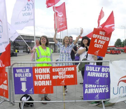 BA cabin crew pickets in high spirits at Heathrow yesterday morning