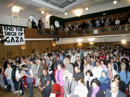 The audience at Wednesday night’s Public Rally to hear eyewitness accounts of the Israeli army attack on the Gaza Freedom Flotilla