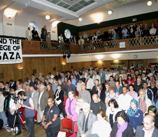 The audience at Wednesday night’s Public Rally to hear eyewitness accounts of the Israeli army attack on the Gaza Freedom Flotilla