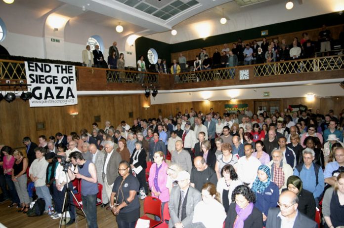 The audience at Wednesday night’s Public Rally to hear eyewitness accounts of the Israeli army attack on the Gaza Freedom Flotilla