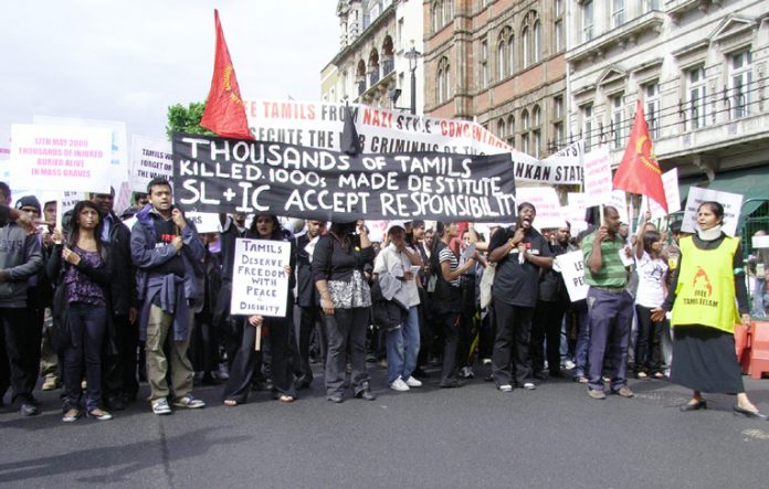 Demonstrartion in London in June last year after the Sri Lankan army war on the Tamil Tigers when 40,000 civilians were killed