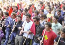 Athens University students marching on the May Day demonstration