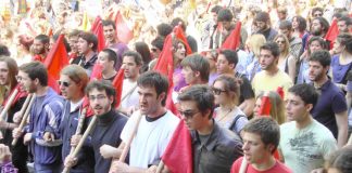 Athens University students marching on the May Day demonstration