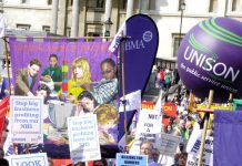 Trade unionists rally in Trafalgar Square to defend the welfare state on April 14