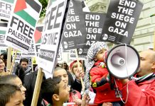 Demonstrators outside Downing Street on May 31 demand an end to the siege of Gaza