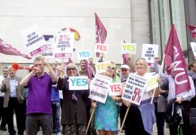 A section of Monday’s lunchtime rally of CWU members outside the BT Centre to demand the company pay up their 5% pay claim