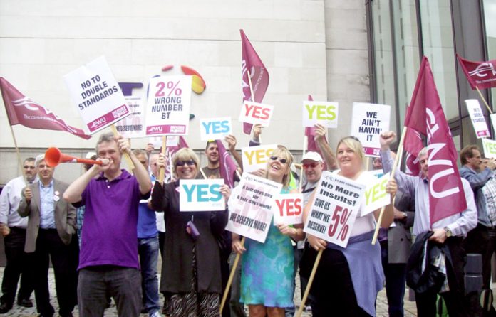 A section of Monday’s lunchtime rally of CWU members outside the BT Centre to demand the company pay up their 5% pay claim