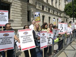 Members of the PCS union picketing the Treasury on Budget Day