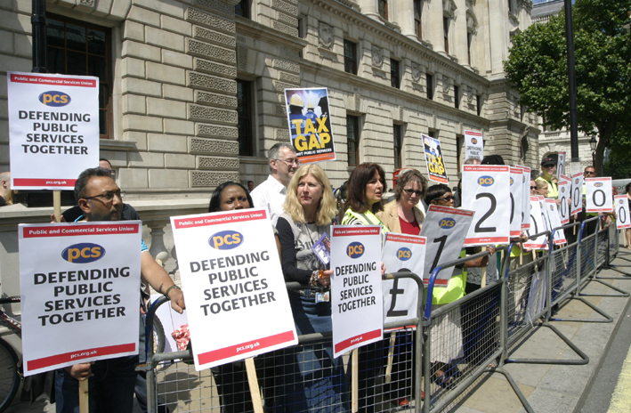 Members of the PCS union picketing the Treasury on Budget Day