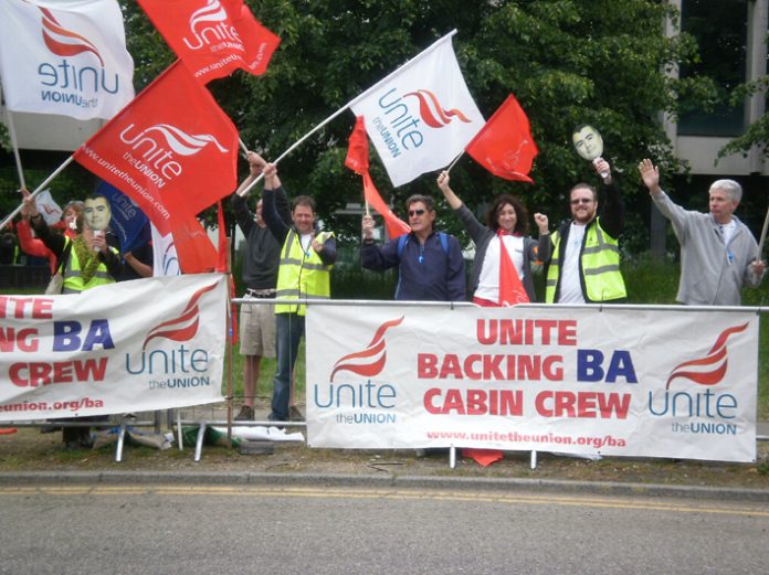 Striking BA cabin crew on the picket line during their latest strike action in May