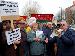 £20 billion of health service cuts means talk of ringfencing NHS spending is ‘nonsense’ – Anna Athow tells BMA Conference fringe meeting Protest in Tower Hamlets against the privatisation of GP surgeries in the borough