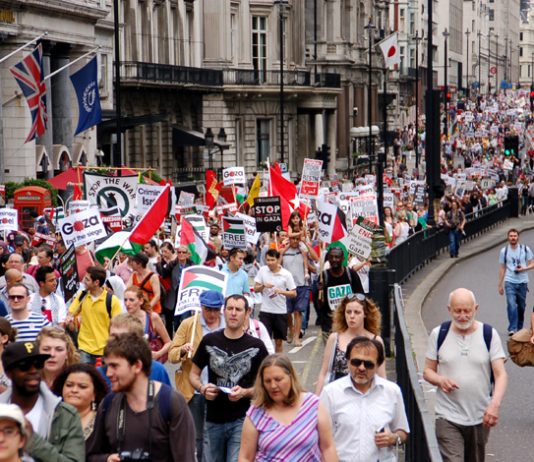 A section of the 10,000-strong march in London on June 5th against the Israeli attack on the Freedom Flotilla