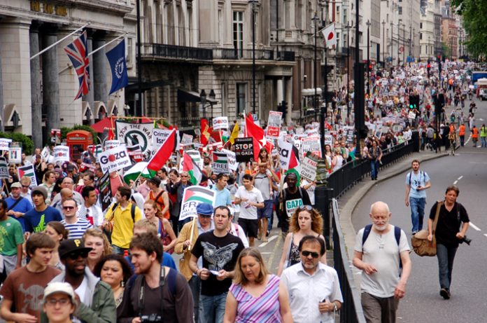 A section of the 10,000-strong march in London on June 5th against the Israeli attack on the Freedom Flotilla