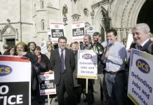 PCS General Secretary SERWOTKA with members demonstrating outside the Law Courts against Labour’s attempt to destroy their redundancy agreement