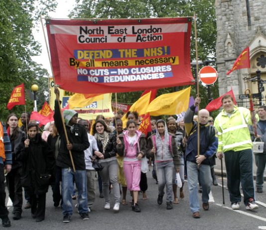 The front of the North East London Council of Action demonstration in Enfield in June 2009 demanding no cuts and closures in the NHS
