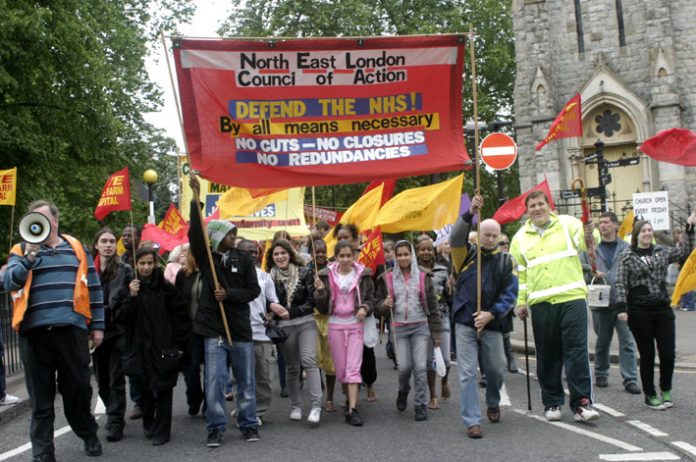 The front of the North East London Council of Action demonstration in Enfield in June 2009 demanding no cuts and closures in the NHS
