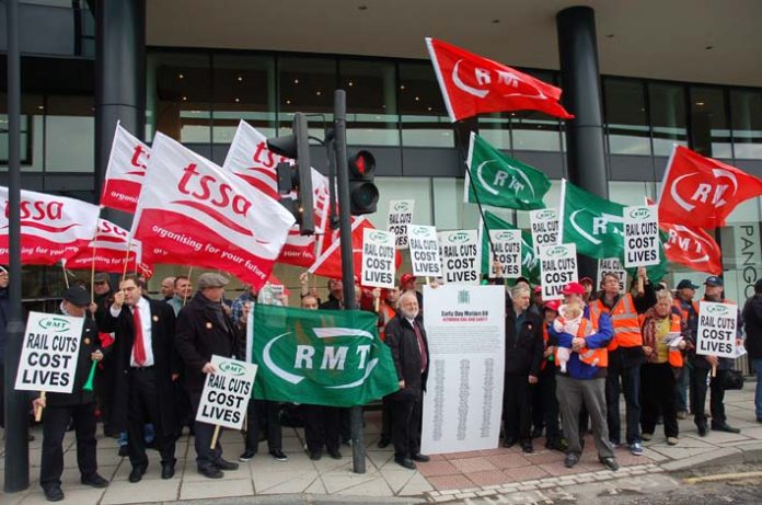 RMT AND TSSA members lobbying against rail privatisation earlier this year