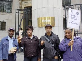 Catering workers at BBC Bush House stiking to defend their pay and conditions last October