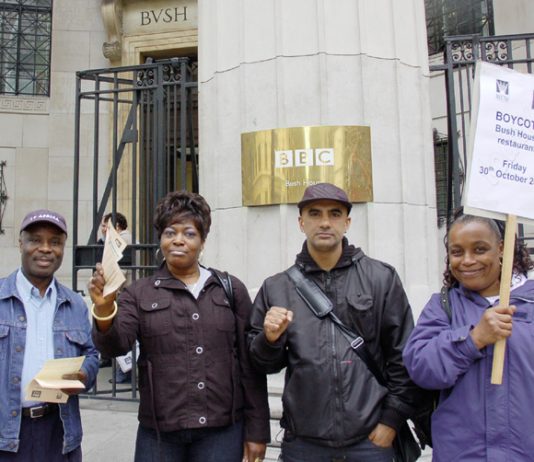Catering workers at BBC Bush House stiking to defend their pay and conditions last October