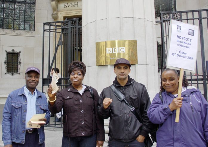 Catering workers at BBC Bush House stiking to defend their pay and conditions last October