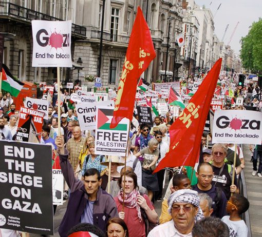 Section of the 10,000-strong demonstration on June 5th in London against the Israeli army attack on the ‘Gaza Freedom Flotilla’