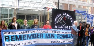 A strong and angry picket of New Scotland Yard yesterday after the CPS refused to prosecute the policeman responsible for the deadly assault on Ian Tomlinson at G20 protest last year