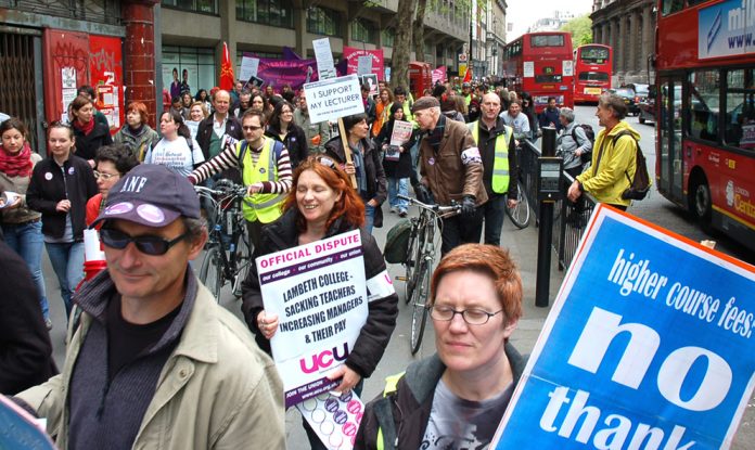 London lecturers marching against savage cuts in jobs and attacks on their terms and conditions in May this year