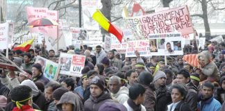 Demonstrators in London in January 2009 condemn the British government for its support for the Rajapakse regime