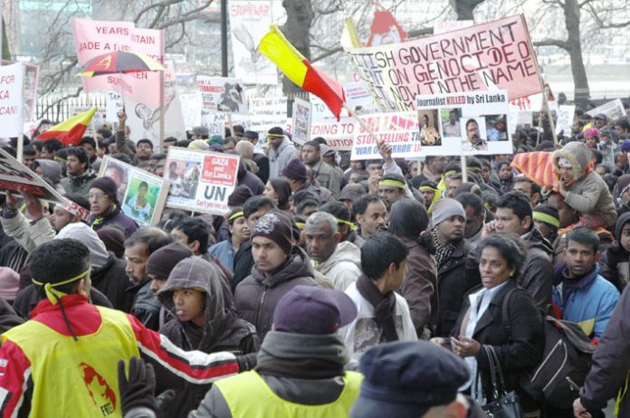 Demonstrators in London in January 2009 condemn the British government for its support for the Rajapakse regime