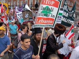 Lebanese condemn Israeli aggression March in London in July 2006 in defence of Lebanon after the Israeli invasion