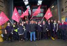 Unite members on strike over pay at the Bow garage of East London Bus group last November