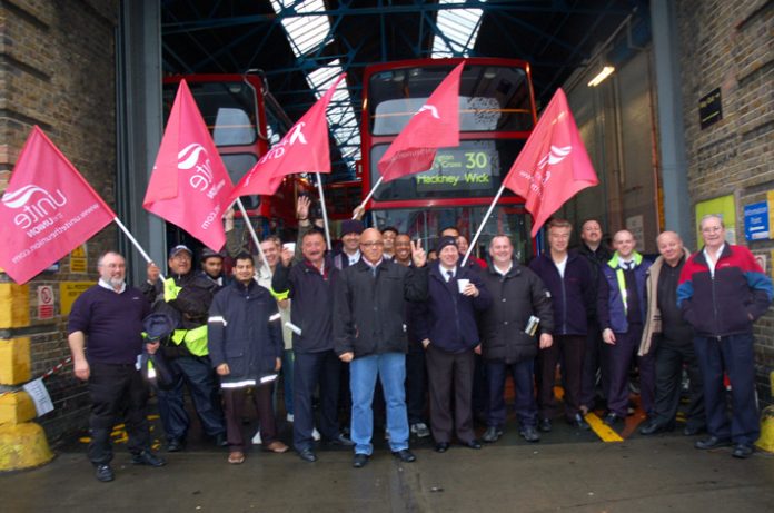 Unite members on strike over pay at the Bow garage of East London Bus group last November