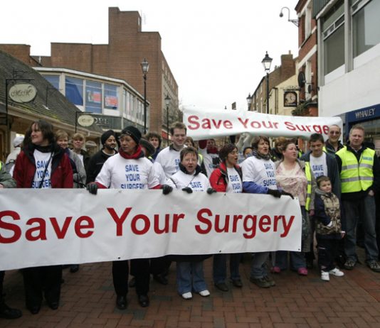 Demonstration in Rugby in March 2008 against the sell-off of GP surgeries